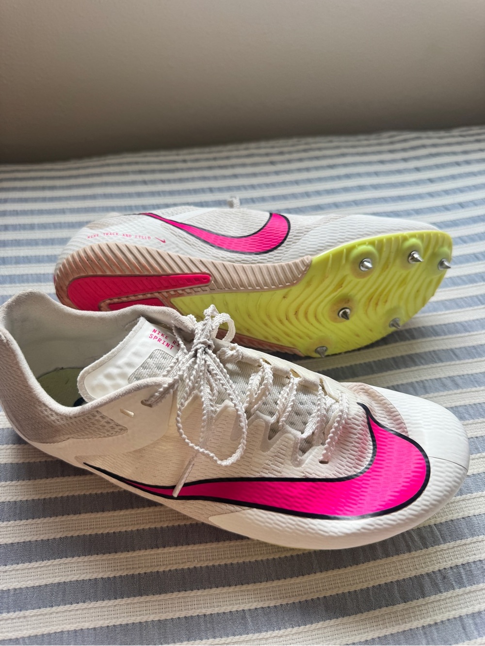 Nike Women’s White Track Spikes with Hot Pink Swoosh and Neon Yellow Sole